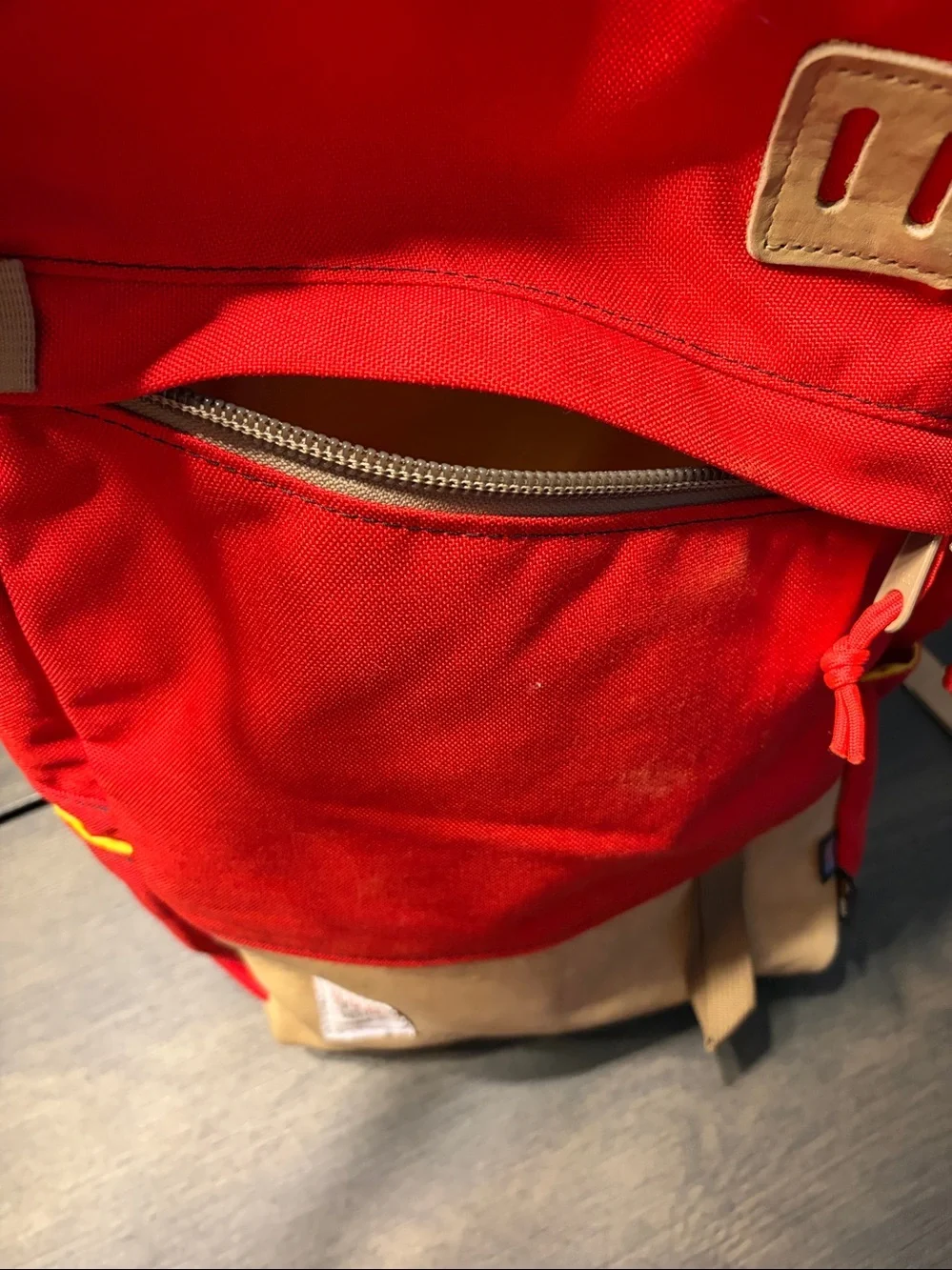 Topo Designs Daypack Backpack Red Khaki Leather EUC